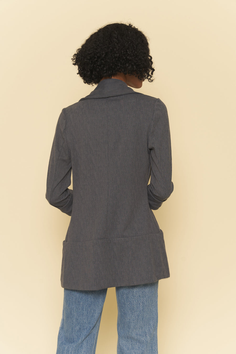 No Srcipt image - Images of 5 of 5 Lightweight Summer Fabric Classic Melanie Shawl Simple Staple Neutral Dark Grey Color Workwear Blazer Jacket Everyday Shawl Front Pockets Office Wear Best Seller Customer Favorite