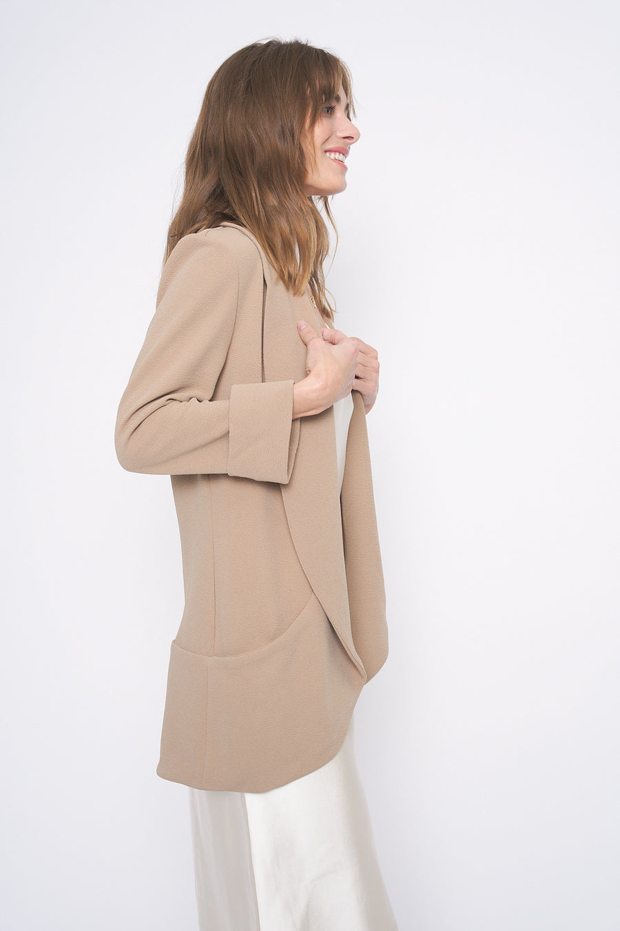 No Srcipt image - Images of 4 of 5 Classic Melanie Shawl Taupe Color Staple Workwear Blazer