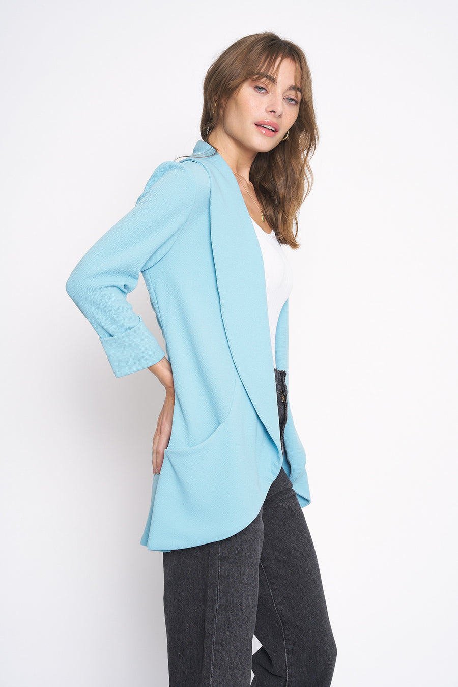 No Srcipt image - Images of 5 of 5 Classic Melanie Shawl Sky Blue Staple Workwear Blazer