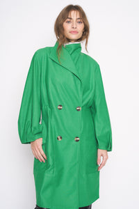 Pleated Long Sleeve Poppy Bright Green Color Long Knit Jacket Double Breasted Puff Sleeves Workwear Officewear Stylish Womens Fashion Style Outerwear Long Jacket Oversized Vintage Inspired Design 