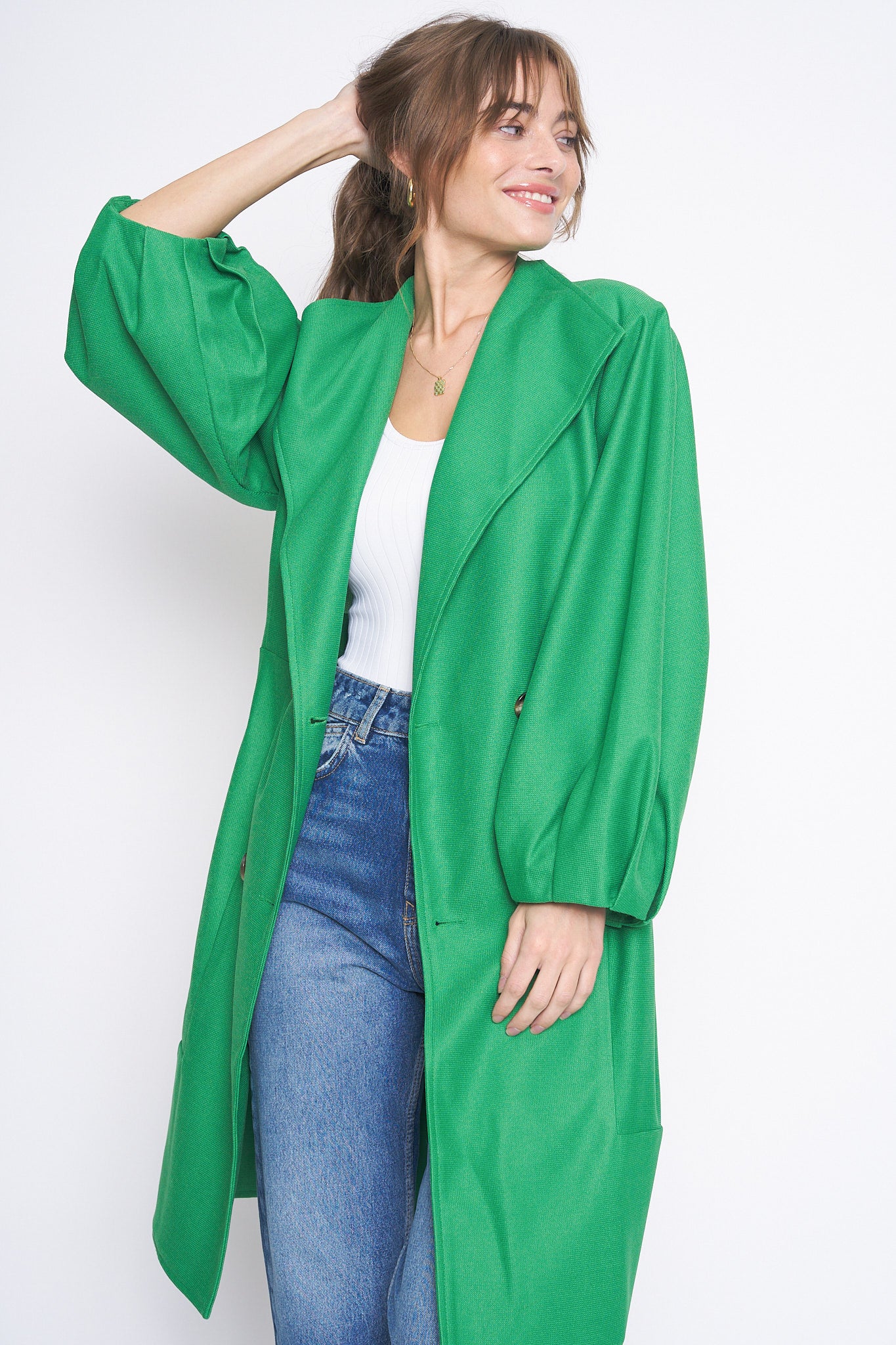 Pleated Long Sleeve Poppy Bright Green Color Long Knit Jacket Double Breasted Puff Sleeves Workwear Officewear Stylish Womens Fashion Style Outerwear Long Jacket Oversized Vintage Inspired Design 