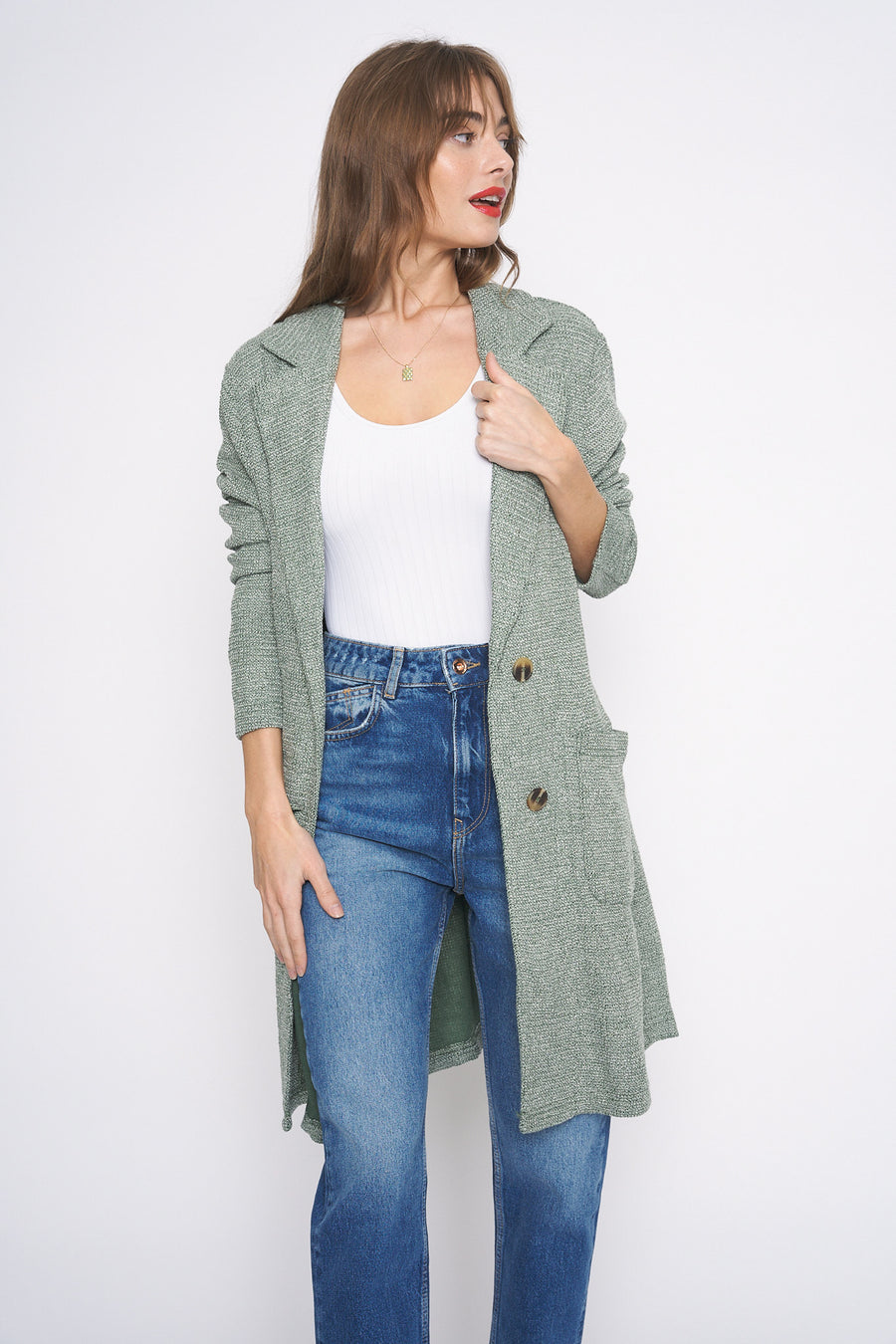 No Srcipt image - Images of 2 of 5 DRIED ROSEMARY KNIT DUSTER JACKET LONG SLEEVE SPRING JACKET