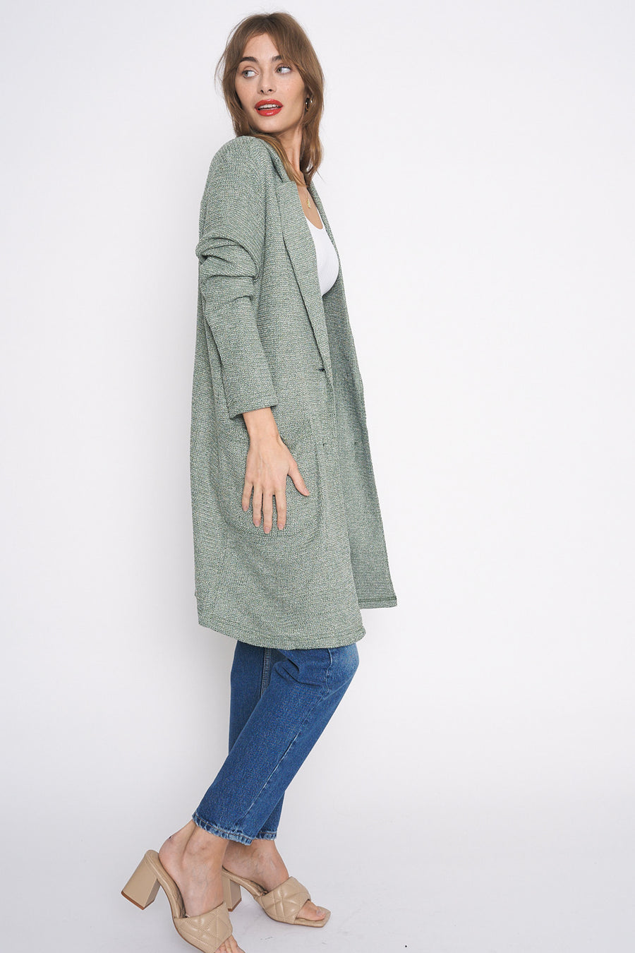 No Srcipt image - Images of 5 of 5 DRIED ROSEMARY KNIT DUSTER JACKET LONG SLEEVE SPRING JACKET