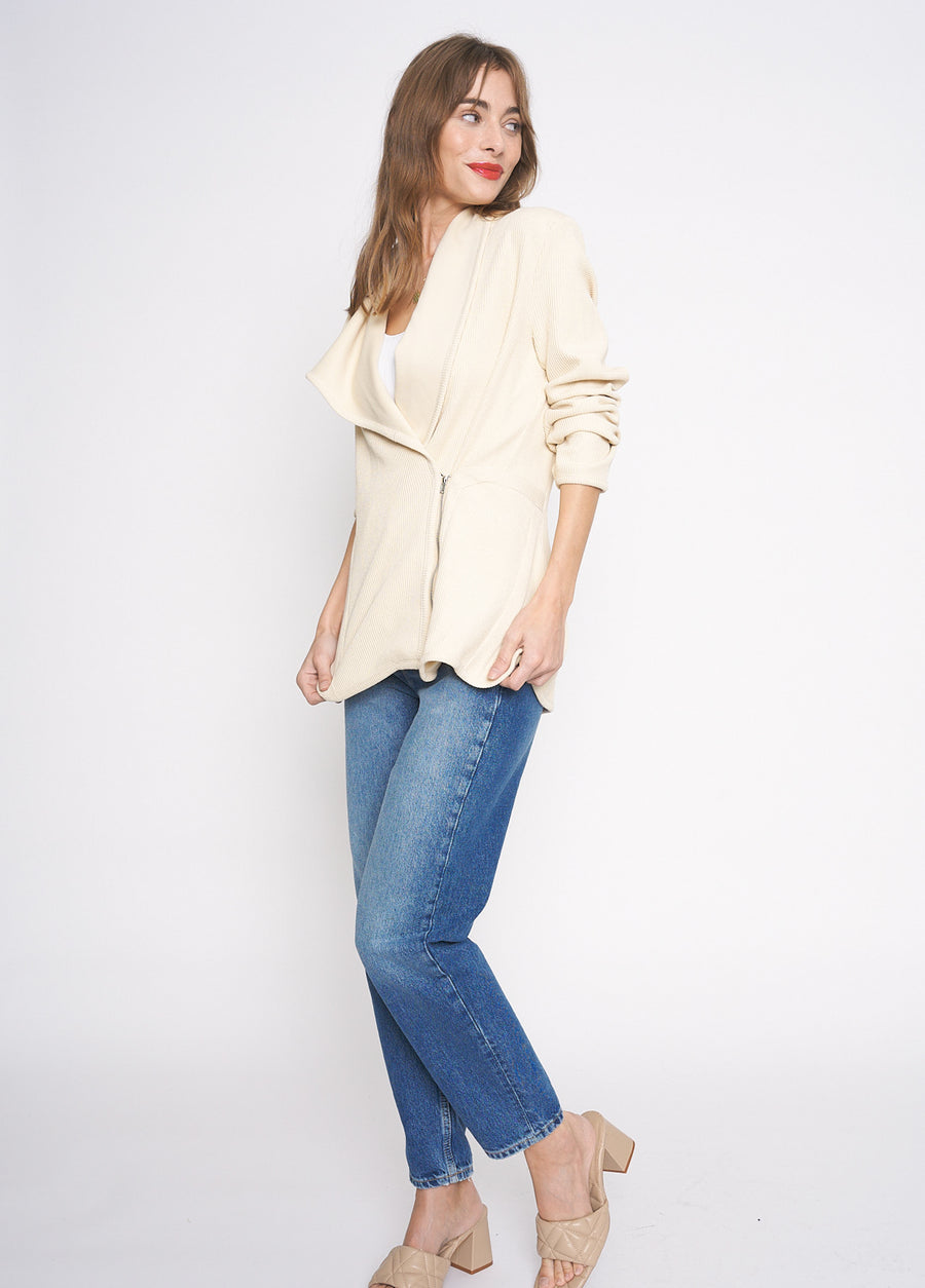 No Srcipt image - Images of 3 of 4 Side Zipper Knit Jacket Long Sleeve Neutral Outerwear Cream Ivory Color