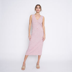 Pink Knit Midi Dress V Neck Body Clinging