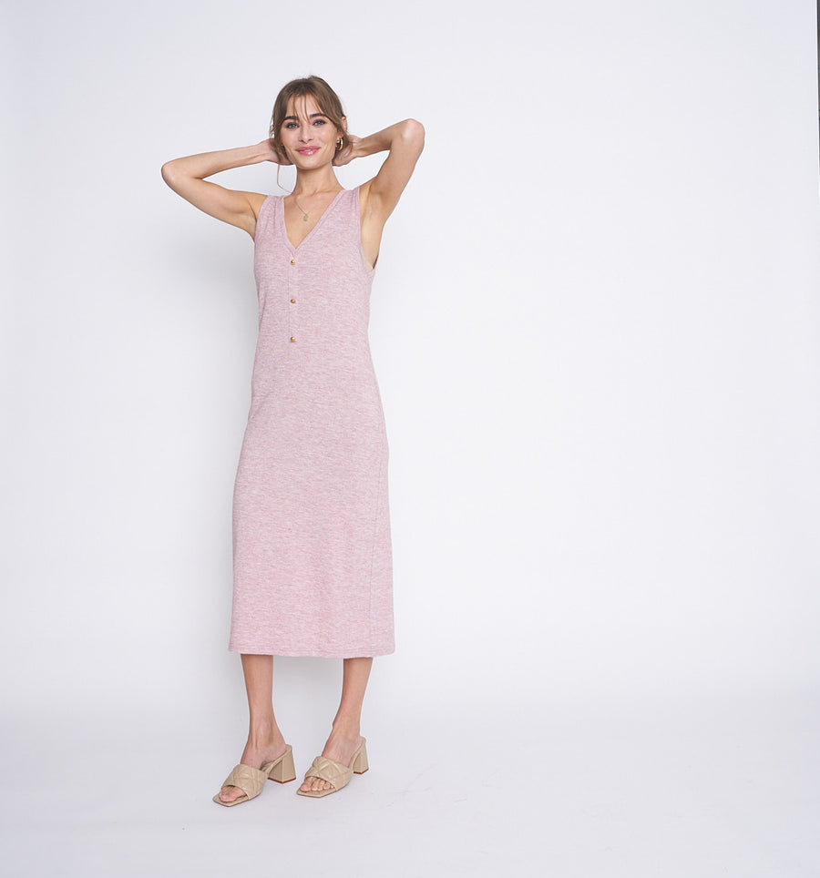 No Srcipt image - Images of 4 of 6 Pink Knit Midi Dress V Neck Body Clinging