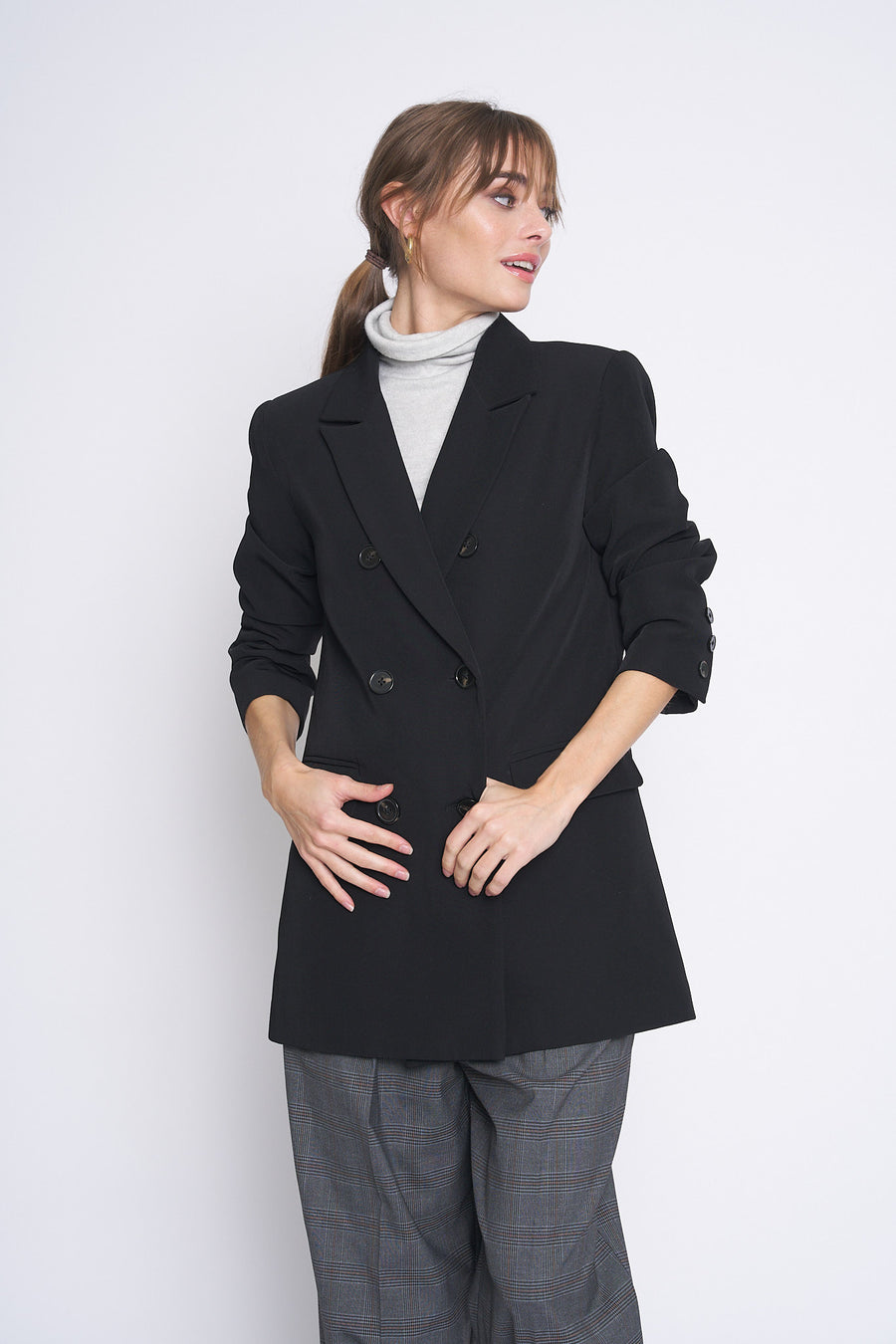 No Srcipt image - Images of 10 of 10 Double Breasted Staple Jacket Women's Workwear Office Wear Women's Fashion Sophisticated Style Chic Simple Classic Black Blazer Fall Jacket Fall Fashion Women's Outerwear Timeless Everyday Blazer Neutral Color The Emory Blazer In Black