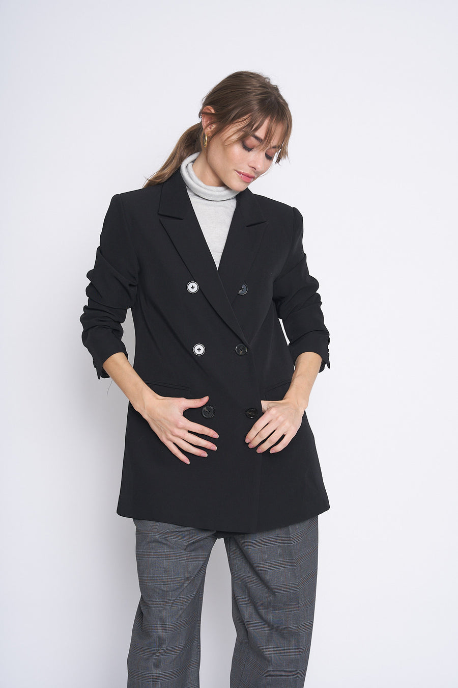 No Srcipt image - Images of 9 of 10 Double Breasted Staple Jacket Women's Workwear Office Wear Women's Fashion Sophisticated Style Chic Simple Classic Black Blazer Fall Jacket Fall Fashion Women's Outerwear Timeless Everyday Blazer Neutral Color The Emory Blazer In Black