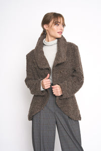 Brown Boucle Jacket Coat Fuzzy Wool Blend 