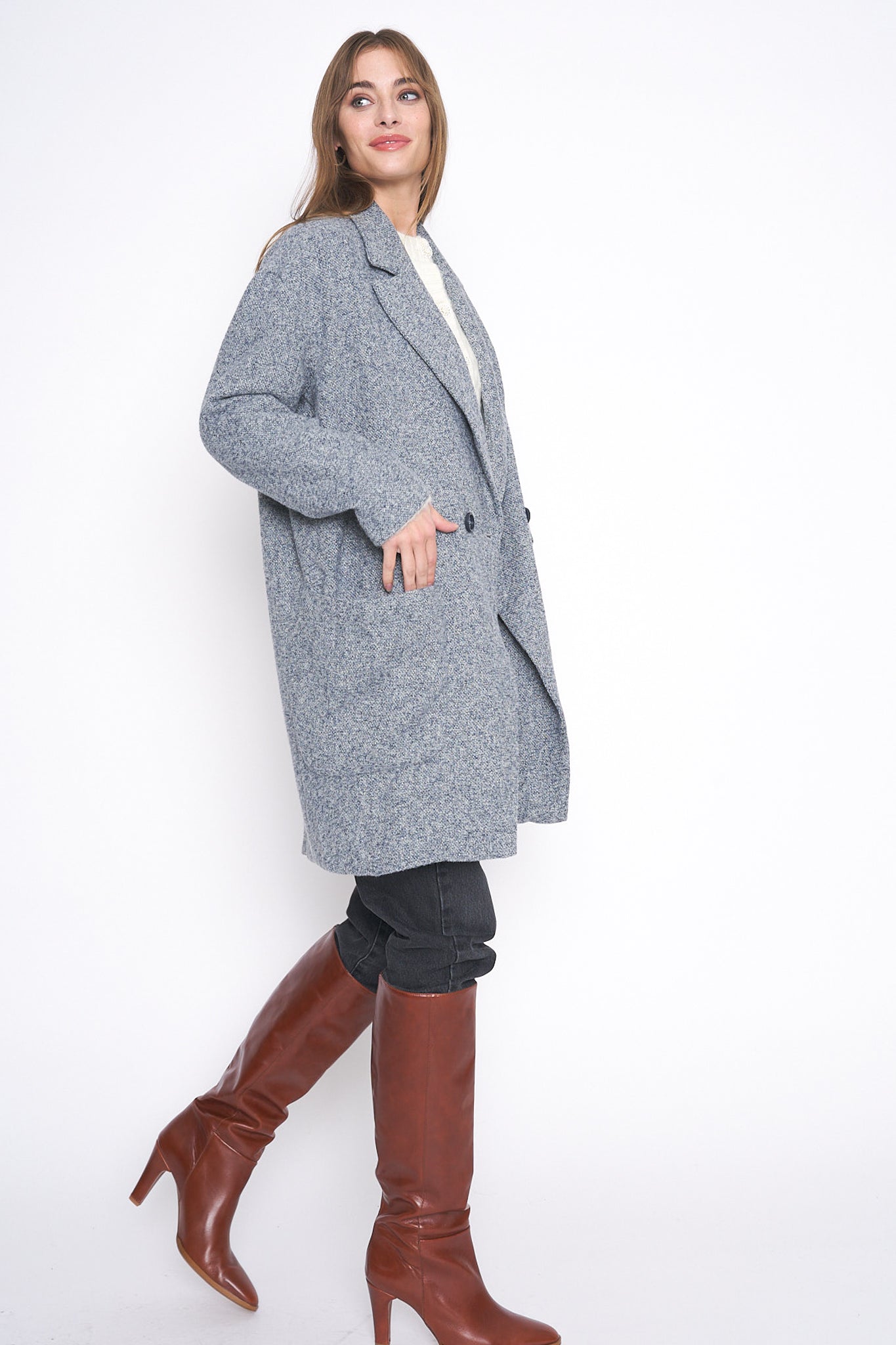 Grey Blue Wool Long Blazer Coat