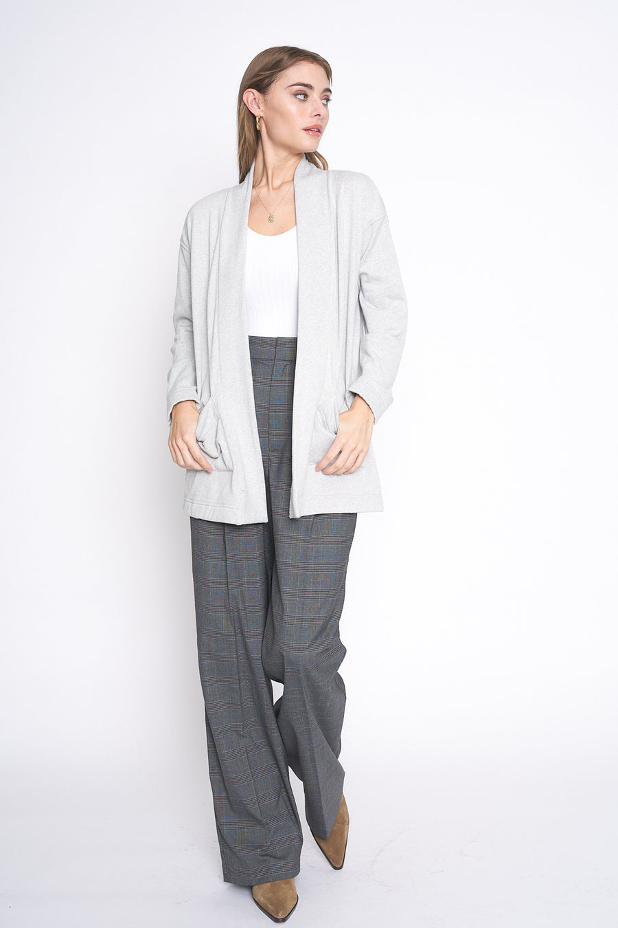 No Srcipt image - Images of 1 of 6 Heather Grey Cardigan Jersey exterior, terry cloth interior