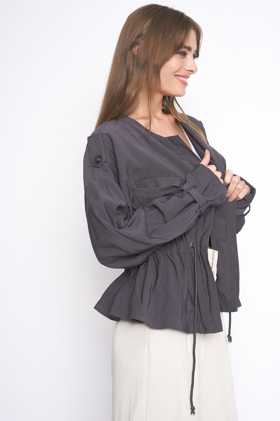 No Srcipt image - Images of 3 of 5 Dark Grey Cropped Utility Jacket Cinched Waist Belt Front Zipper