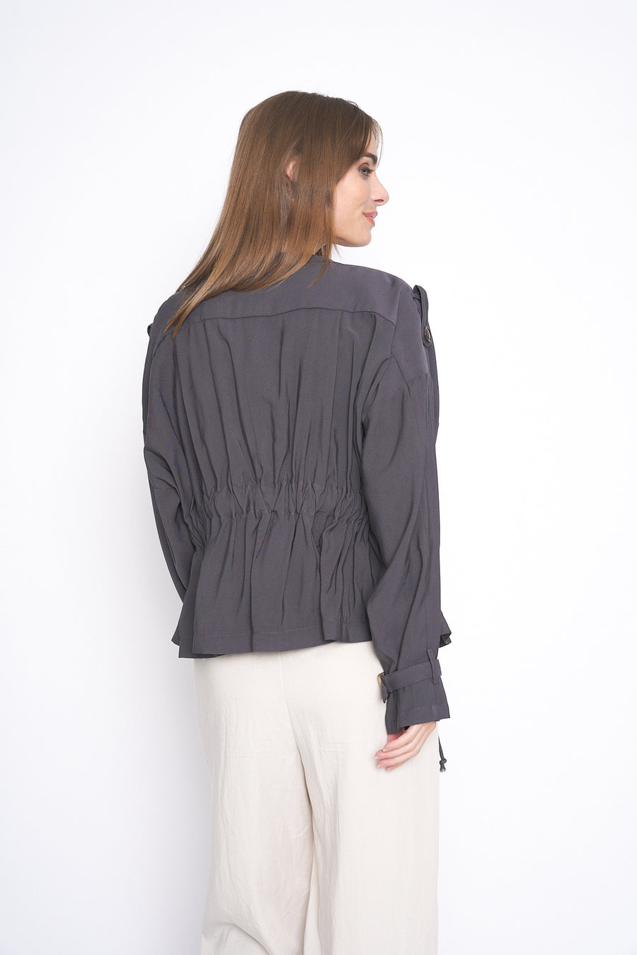 No Srcipt image - Images of 5 of 5 Dark Grey Cropped Utility Jacket Cinched Waist Belt Front Zipper