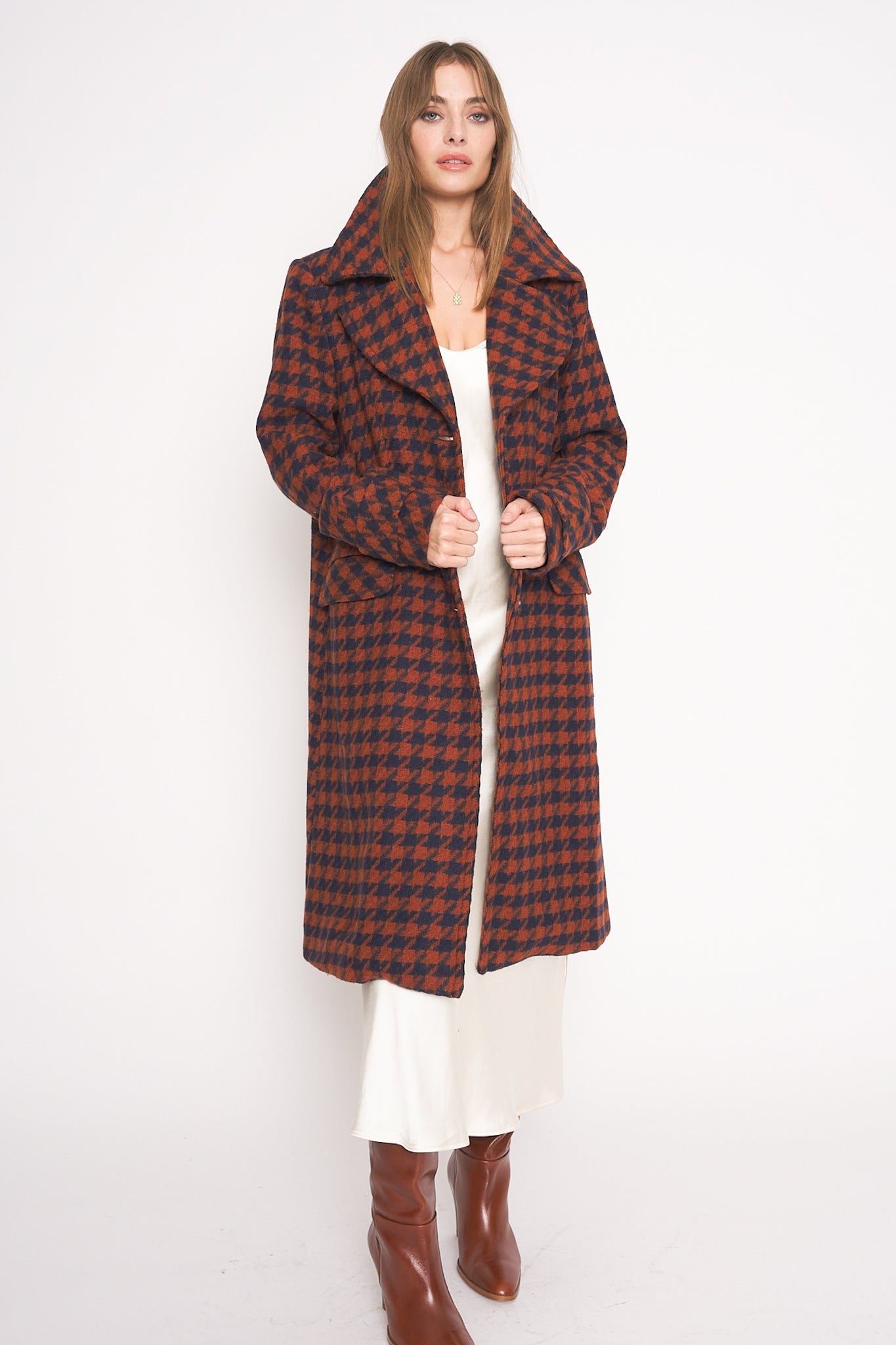 Houndstooth Wool Long Coat Red Black