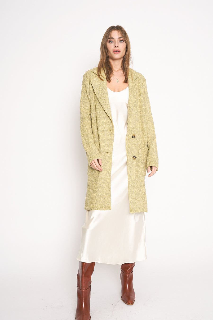 No Srcipt image - Images of 4 of 7 Knit Duster Long Jacket Green Olive Oil Color Double Side Pockets