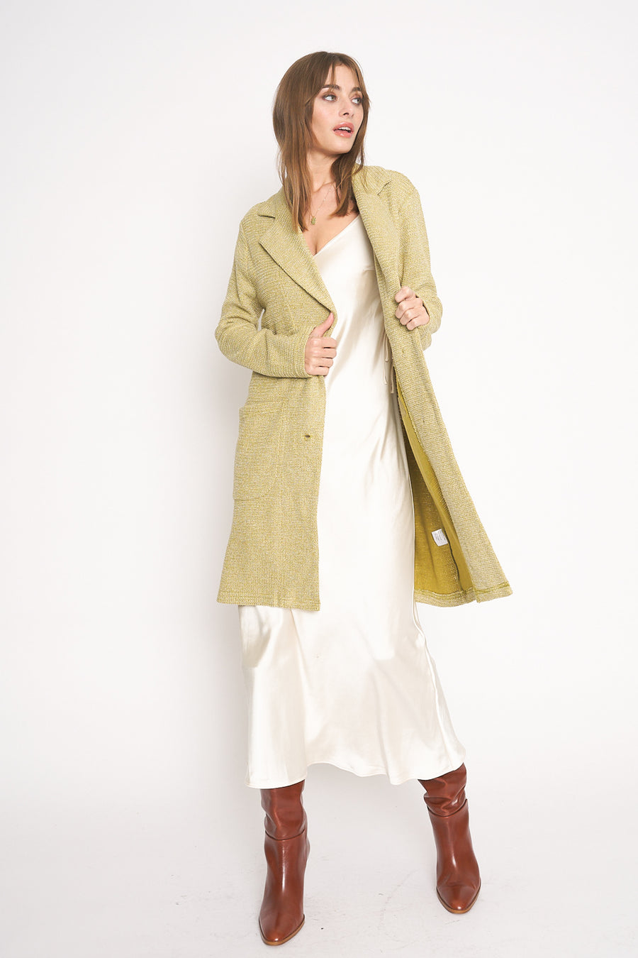 No Srcipt image - Images of 2 of 7 Knit Duster Long Jacket Green Olive Oil Color Double Side Pockets