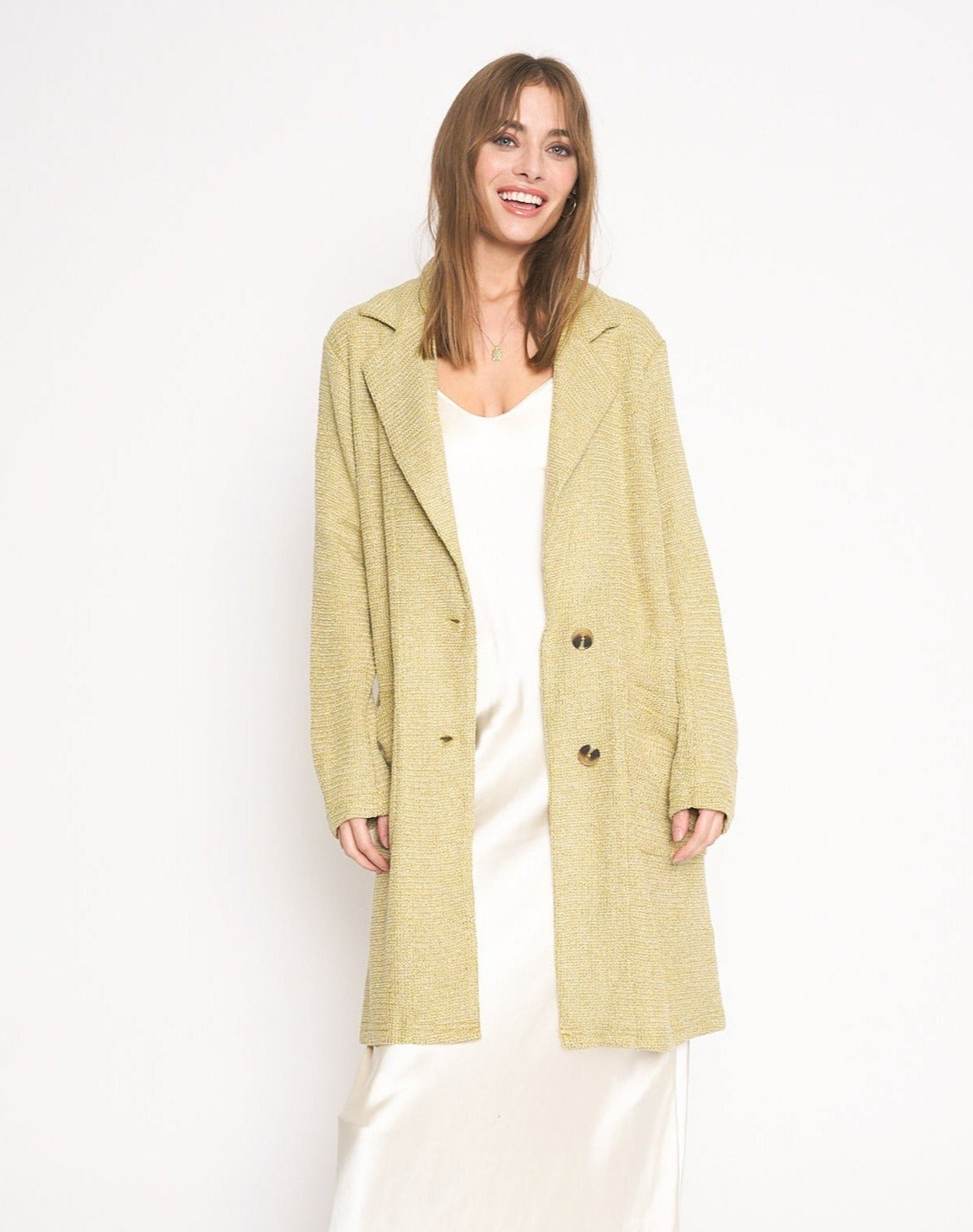 Knit Duster Long Jacket Green Olive Oil Color Double Side Pockets