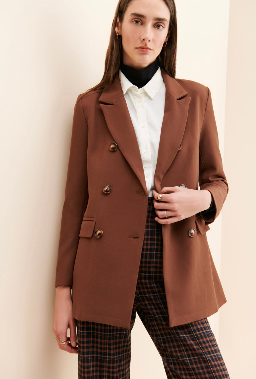 No Srcipt image - Images of 4 of 6 Brown Wool Classic Double Breasted Staple Jacket Women's Workwear Office Wear Women's Fashion Sophisticated Style Chic Simple Classic Brown Blazer Fall Jacket Fall Fashion Women's Outerwear Timeless Everyday Blazer Neutral Color The Emory Blazer In Brown