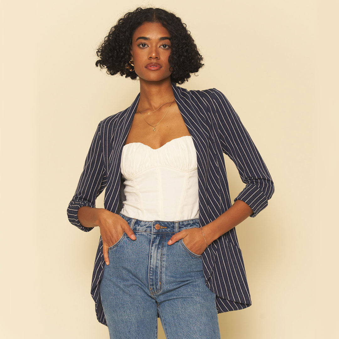 Classic Melanie Shawl Simple Staple Navy Color With Stripes Workwear Office Wear Women’s Outerwear Blazer Jacket Everyday Shawl Front Pockets Best Seller Customer Favorite Casual Style Everyday Jacket Summer Stripes