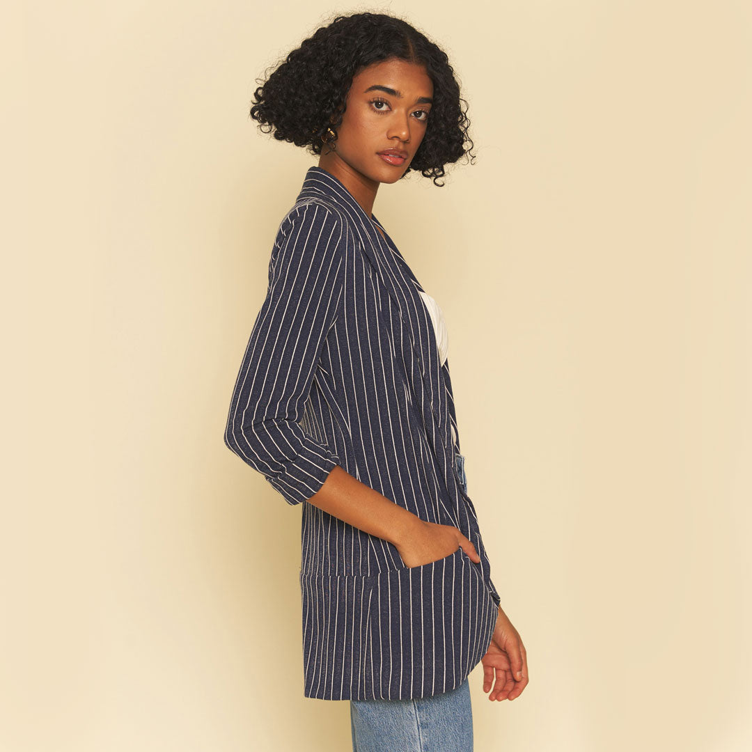 Classic Melanie Shawl Simple Staple Navy Color With Stripes Workwear Office Wear Women’s Outerwear Blazer Jacket Everyday Shawl Front Pockets Best Seller Customer Favorite Casual Style Everyday Jacket Summer Stripes