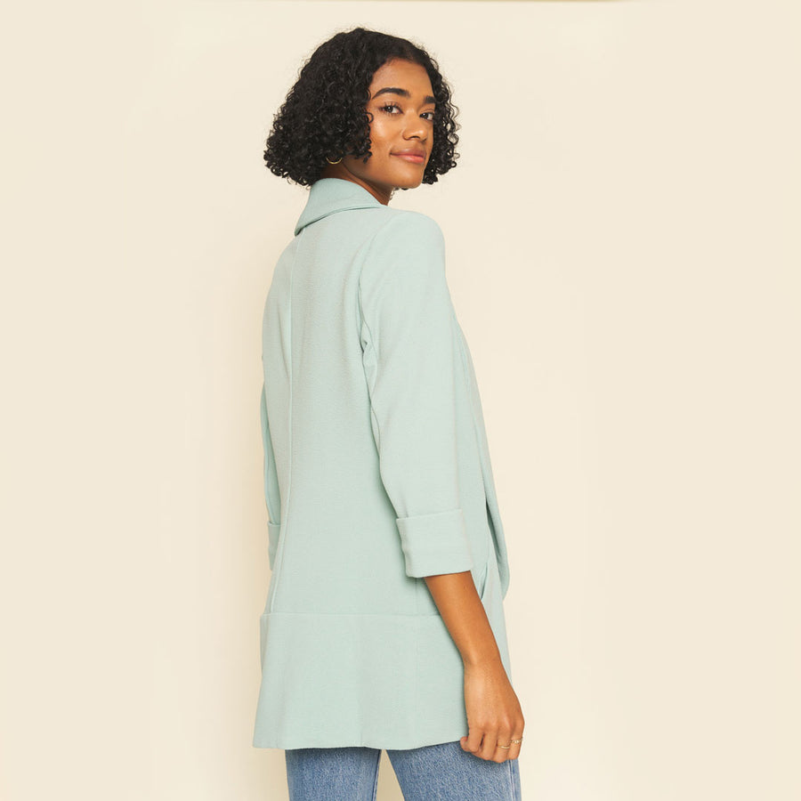 No Srcipt image - Images of 5 of 5 Classic Melanie Shawl Simple Staple Seafoam Blue Color Workwear Office Wear Women’s Outerwear Blazer Jacket Everyday Shawl Front Pockets Best Seller Customer Favorite Casual Style Everyday Jacket