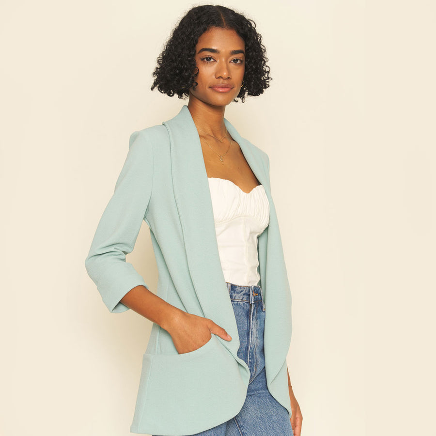 No Srcipt image - Images of 4 of 5 Classic Melanie Shawl Simple Staple Seafoam Blue Color Workwear Office Wear Women’s Outerwear Blazer Jacket Everyday Shawl Front Pockets Best Seller Customer Favorite Casual Style Everyday Jacket