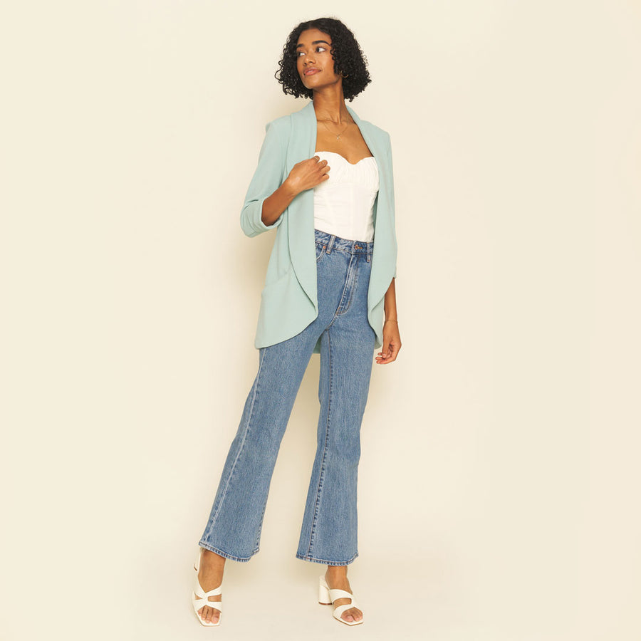 No Srcipt image - Images of 2 of 5 Classic Melanie Shawl Simple Staple Seafoam Blue Color Workwear Office Wear Women’s Outerwear Blazer Jacket Everyday Shawl Front Pockets Best Seller Customer Favorite Casual Style Everyday Jacket