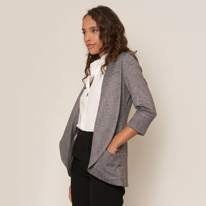 Classic Melanie Shawl Simple Staple Taupe Neutral Color Workwear Office Wear Women’s Outerwear Blazer Jacket Everyday Shawl Front Pockets Best Seller Customer Favorite Casual Style Everyday Jacket Grey Denim Look Style Melanie In Grey Denim