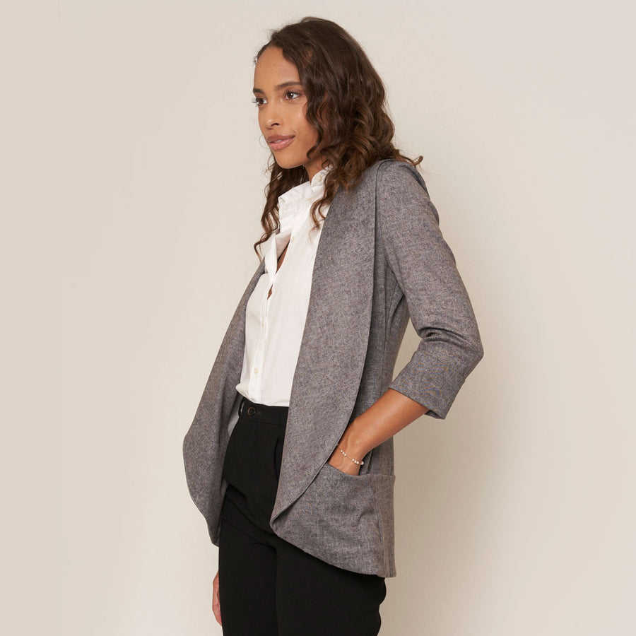 No Srcipt image - Images of 3 of 7 Classic Melanie Shawl Simple Staple Taupe Neutral Color Workwear Office Wear Women’s Outerwear Blazer Jacket Everyday Shawl Front Pockets Best Seller Customer Favorite Casual Style Everyday Jacket Grey Denim Look Style Melanie In Grey Denim