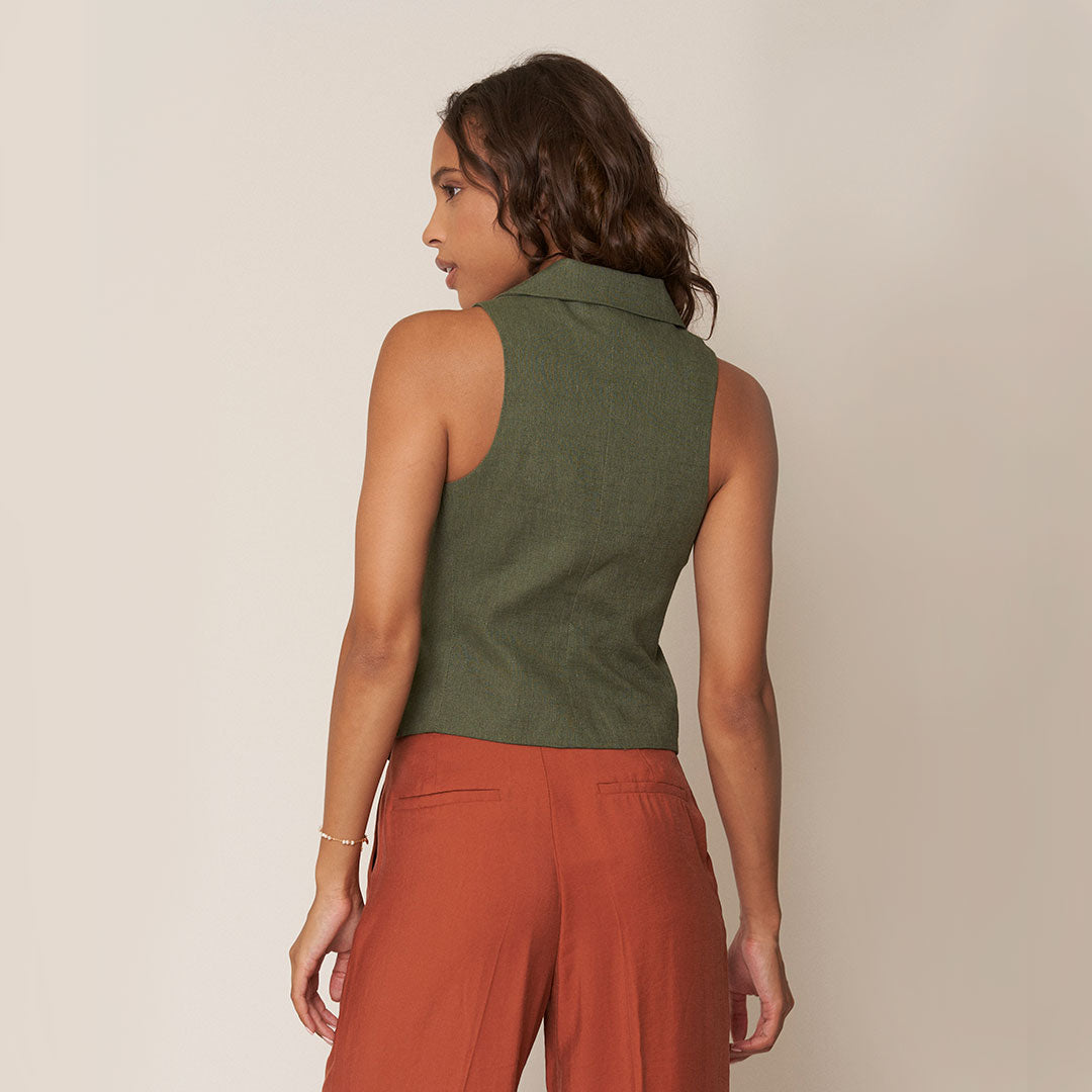 V Neck Linen Vest Lapel Collar Slightly Fitted Silhouette Sleeveless Deep Green Color-Way Workwear Office Wear Professional Women's Style Fashion Neutral Staple Style
