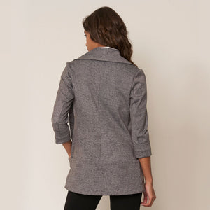 Classic Melanie Shawl Simple Staple Taupe Neutral Color Workwear Office Wear Women’s Outerwear Blazer Jacket Everyday Shawl Front Pockets Best Seller Customer Favorite Casual Style Everyday Jacket Grey Denim Look Style Melanie In Grey Denim