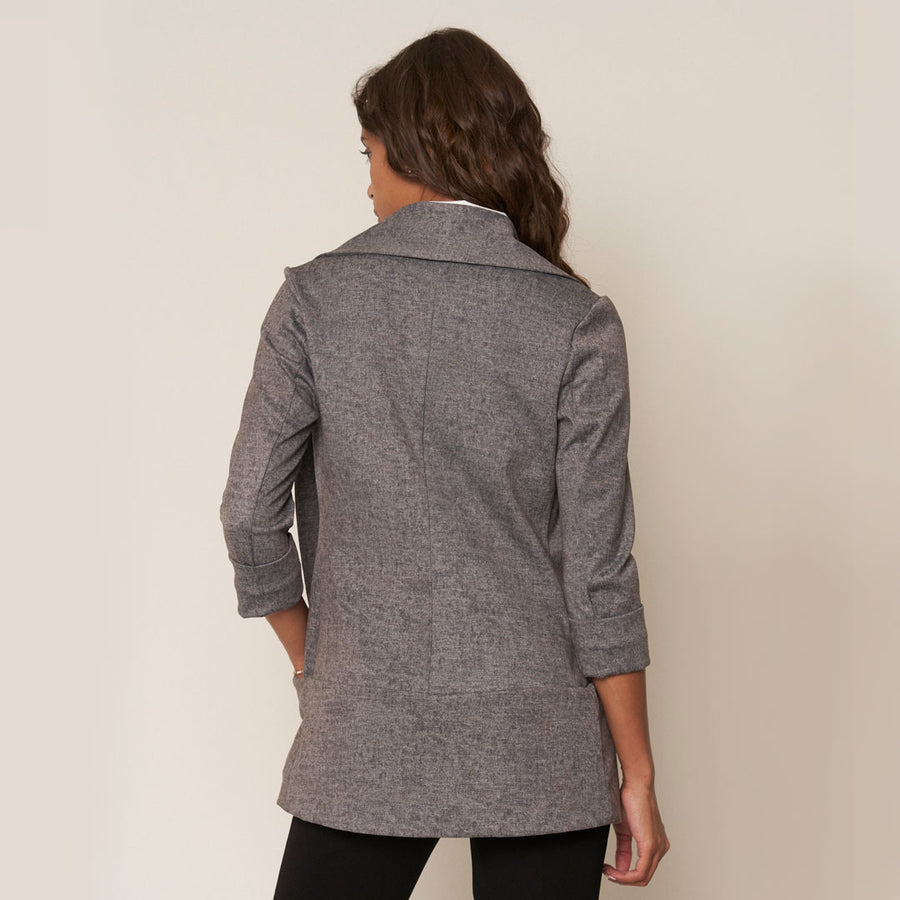 No Srcipt image - Images of 4 of 7 Classic Melanie Shawl Simple Staple Taupe Neutral Color Workwear Office Wear Women’s Outerwear Blazer Jacket Everyday Shawl Front Pockets Best Seller Customer Favorite Casual Style Everyday Jacket Grey Denim Look Style Melanie In Grey Denim