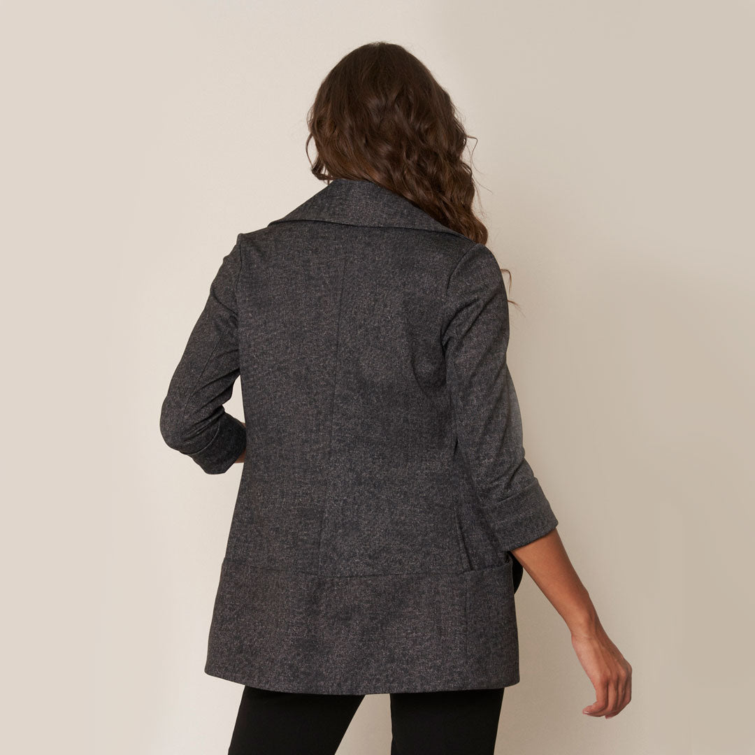 Classic Melanie Shawl Simple Staple Taupe Neutral Color Workwear Office Wear Women’s Outerwear Blazer Jacket Everyday Shawl Front Pockets Best Seller Customer Favorite Casual Style Everyday Jacket Dark Charcoal Grey Color