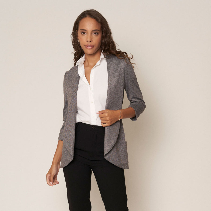No Srcipt image - Images of 2 of 7 Classic Melanie Shawl Simple Staple Taupe Neutral Color Workwear Office Wear Women’s Outerwear Blazer Jacket Everyday Shawl Front Pockets Best Seller Customer Favorite Casual Style Everyday Jacket Grey Denim Look Style Melanie In Grey Denim