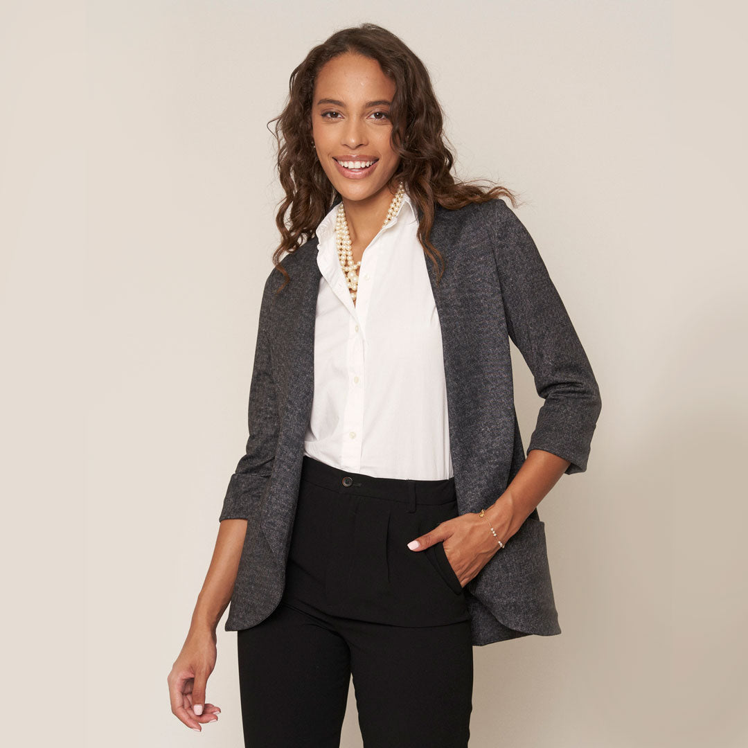 Classic Melanie Shawl Simple Staple Taupe Neutral Color Workwear Office Wear Women’s Outerwear Blazer Jacket Everyday Shawl Front Pockets Best Seller Customer Favorite Casual Style Everyday Jacket Dark Charcoal Grey Color