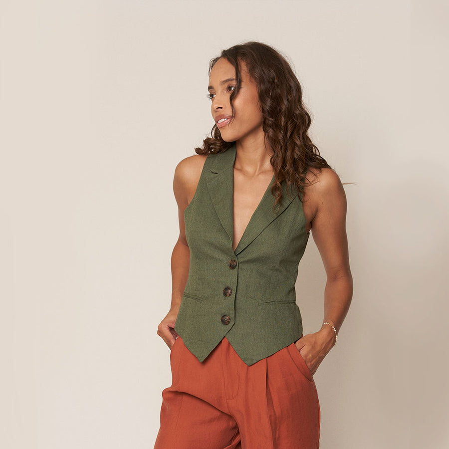 No Srcipt image - Images of 2 of 6 V Neck Linen Vest Lapel Collar Slightly Fitted Silhouette Sleeveless Deep Green Color-Way Workwear Office Wear Professional Women's Style Fashion Neutral Staple Style