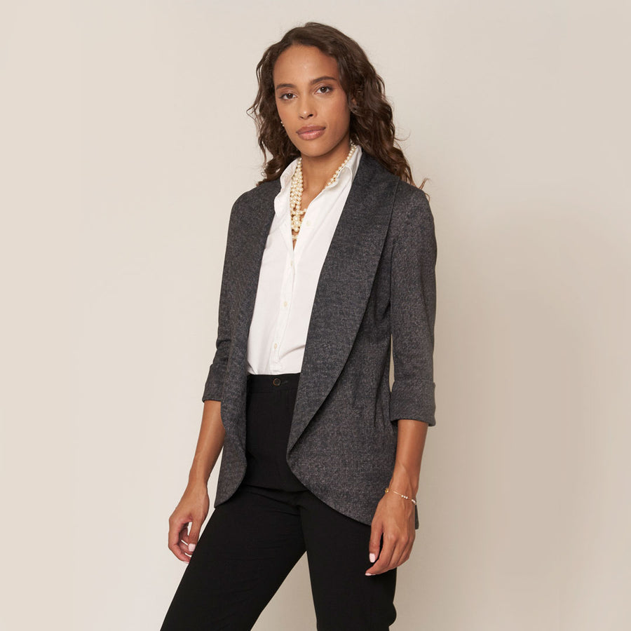 No Srcipt image - Images of 1 of 7 Classic Melanie Shawl Simple Staple Taupe Neutral Color Workwear Office Wear Women’s Outerwear Blazer Jacket Everyday Shawl Front Pockets Best Seller Customer Favorite Casual Style Everyday Jacket Dark Charcoal Grey Color